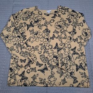 JJill M Yellow Sweater Navy Floral Butterfly Long Sleeve Soft Sping Cottage Core
